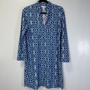 Jude Connally Navy and Light Blue Patterned Dress Sz M